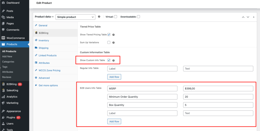 Custom Information Table for Products - B2BKing